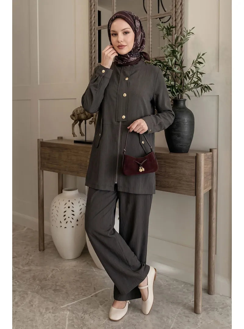Button Flap Detail Jacket Set Coffee Brown