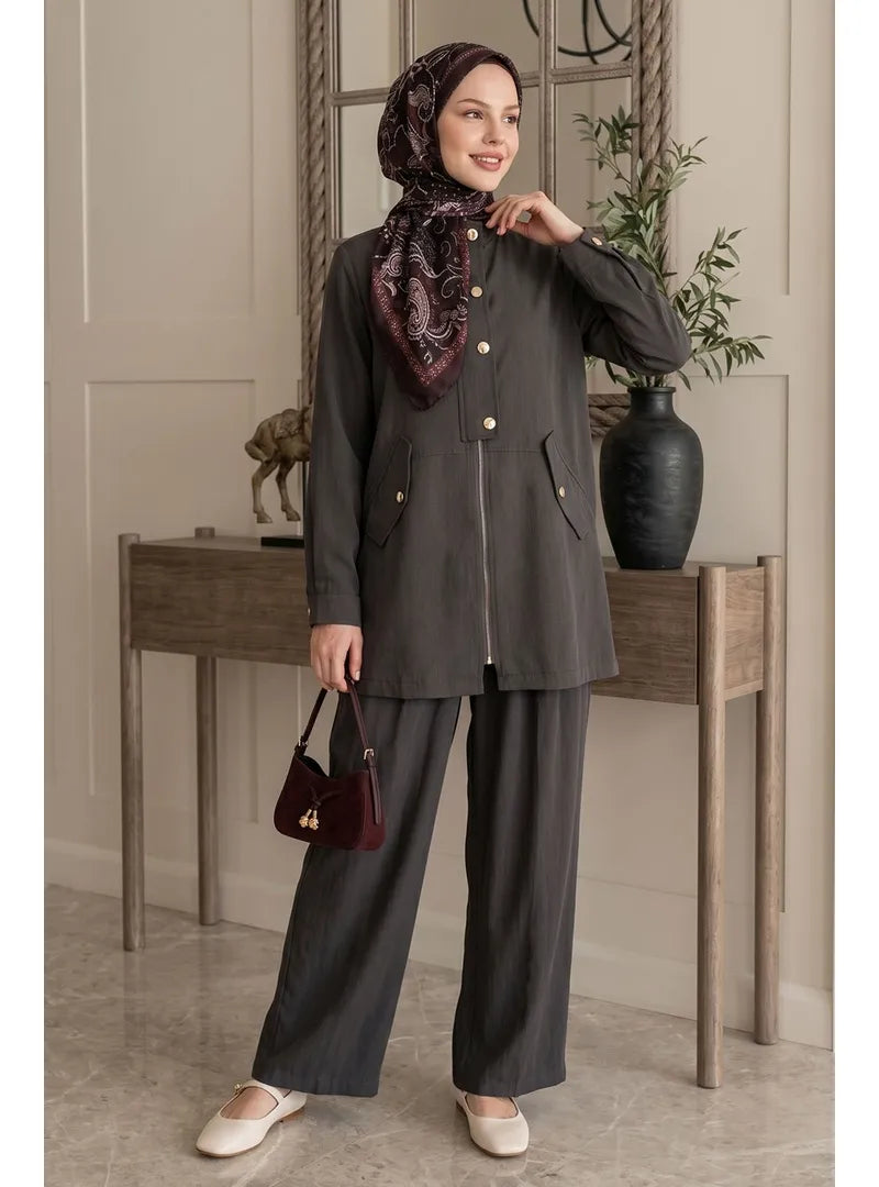 Button Flap Detail Jacket Set Coffee Brown