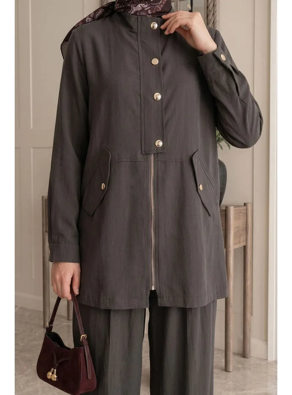 Button Flap Detail Jacket Set Coffee Brown